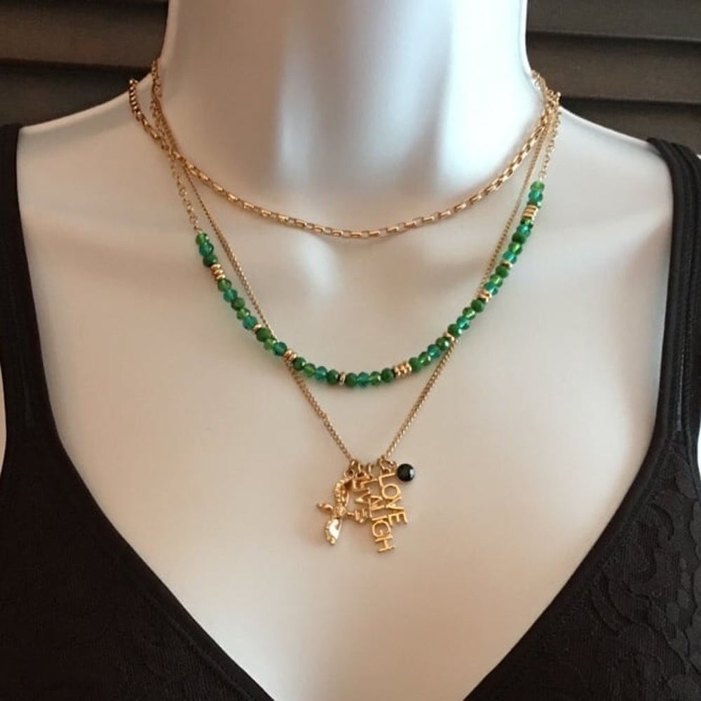 Jessica Simpson Layered Gold Tone Green Beaded “Love Laugh Live” Charm Necklace